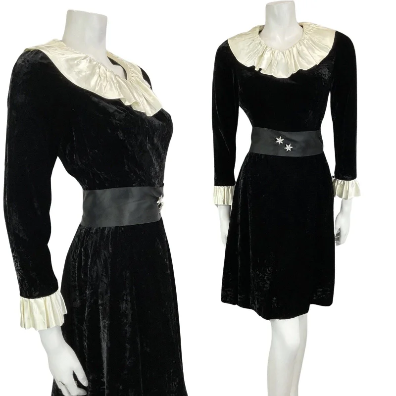VTG 60s 70s BLACK VELVET CREAM EDWARDIAN MOD PARTY CHRISTMAS EVENING DRESS 8 Tunics Polka dots