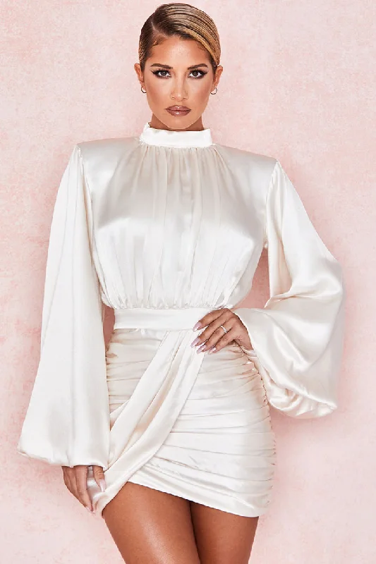 Balloon Sleeve Mock Neck Ruched Bodycon Satin Mini Party Dress - White Tunics Corduroy durable