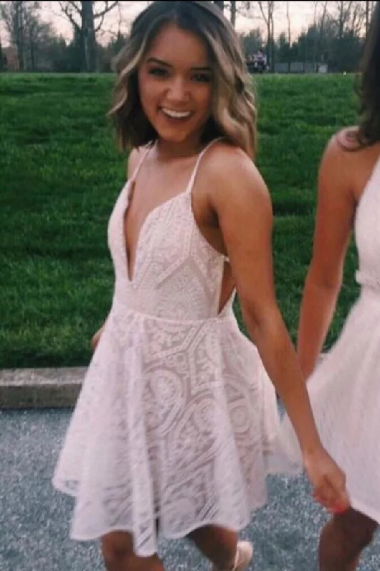 A-line Spaghetti Strap Short Graduation Prom Dress Cute Lace Homecoming Party Dress OKX80 Tunics Top Casual