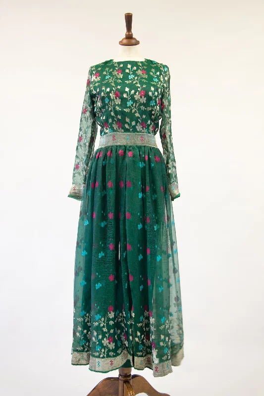 Vintage 1980s Green Silk Saree Dress Set Tunics Stylish elegant