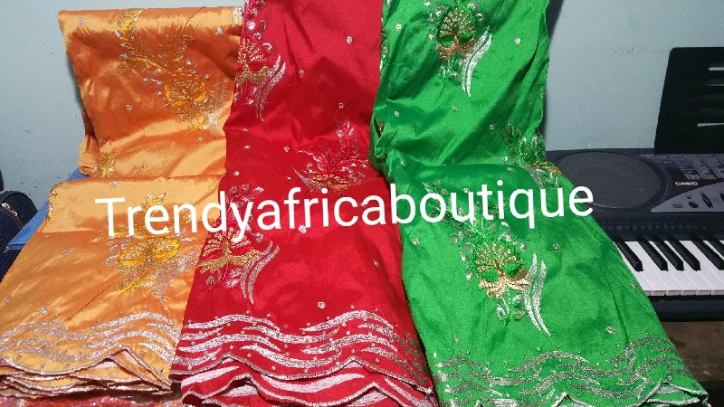 Embroidery Indian Silk George wrapper. Sold 5 yards lenght.embroidery and stones design for African party dress. Available in Green, red and Orangel. Small-George Tunics Gym athletic Embroidery Indian Silk George wrapper. Sold 5 yards lenght.embroidery and stones design for African party dress. Available in Green, red and Orangel. Small-George Tunics Gym athletic