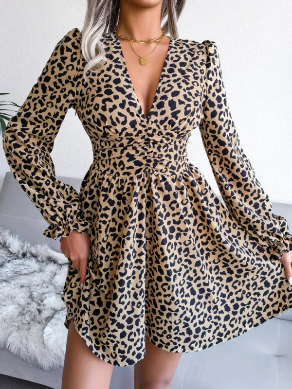 Women's Sexy Leopard Print waist Pleated Dress Tunics Stylish modern