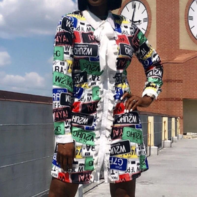 FashionSierra - Letter Print Tied Bow Neck Long Sleeve Dress Women Elegant Office Short Party Dress Straight Runway Winter Vestidos Mujer Tunics Top Casual
