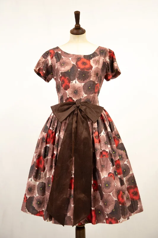 Vintage 1950s Poppy Print Cotton Dress Bodycon Club Sequined