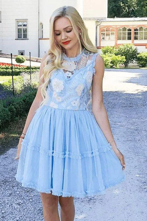 Elegant Jewel Short Cheap Light Blue Tulle Homecoming Party Dress with Lace OKO50 Pencil Length Work