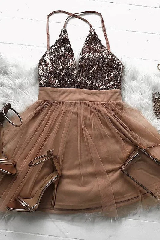 Sparkly Brown Tulle A Line Short Prom Dresses,Homecoming Party Dress OKO74 Boatneck Modish Everyday