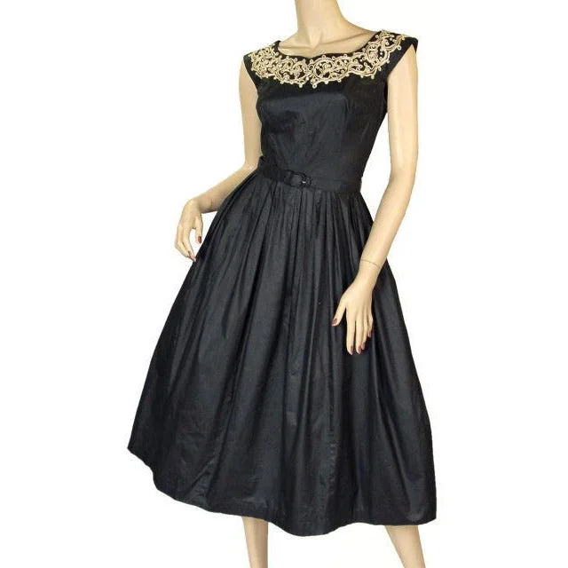 Vintage MCM Party Dress Black Polished Cotton White Soutache NATLYNN 1950’S Tunics Versatile functional Vintage MCM Party Dress Black Polished Cotton White Soutache NATLYNN 1950’S Tunics Versatile functional