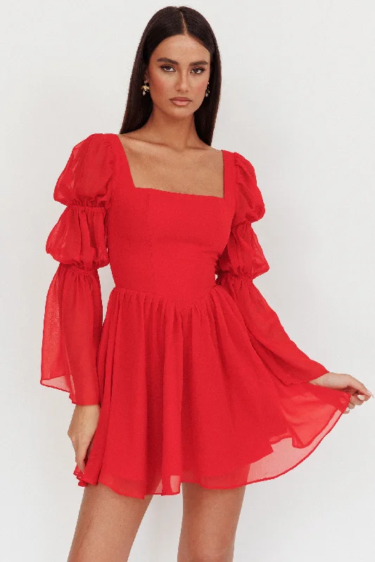 Miya Long Sleeve Mini Dress Red Chic Tropical Mini Dress