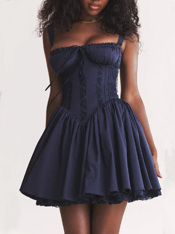 French Navy Stylish Corset Mini Dress Casual Button-Up Mini Dress