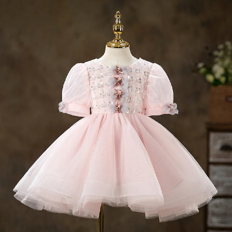 Baby Girl Dress Toddler Summer Pink Mesh Sequin Communion Pageant Princess Dress Tunics Gym athletic