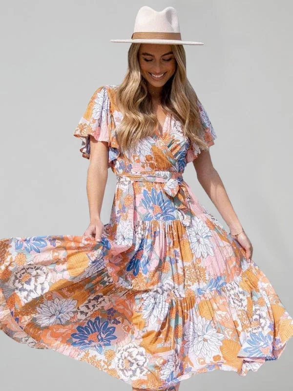 New Short Sleeve Printed Dress V Neck Holiday Elegant Romantic Dress Tunics Spring floral