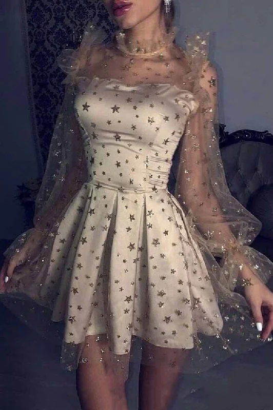 Grey Tulle Long Sleeves Star Homecoming Dresses, Short Party Dresses OKM47 Tunics Leisure comfortable Grey Tulle Long Sleeves Star Homecoming Dresses, Short Party Dresses OKM47 Tunics Leisure comfortable