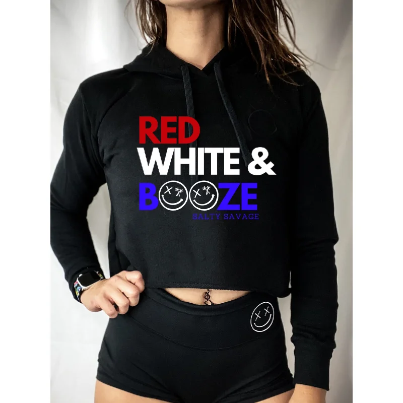 Salty Savage Ladies "RED WHITE & BOOZE" Cropped Hoodie Hoodie with Hem Detail Decorative Unique