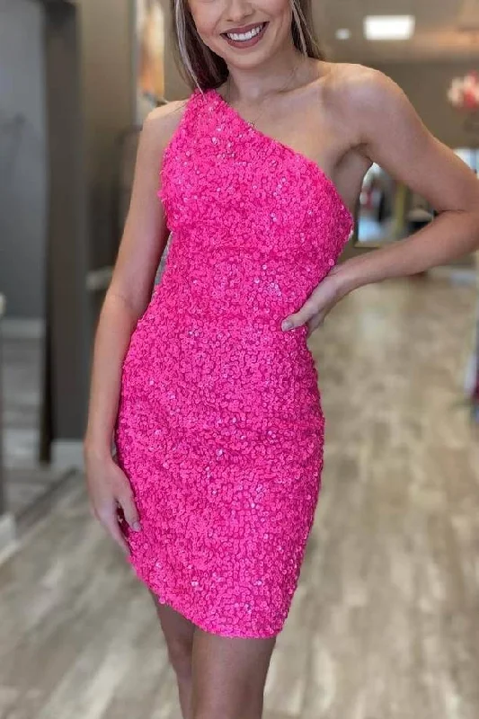 One Shoulder Hot Pink Sequins Tight Party Dresses Short Graduation Dresses OK1457 Tunics Velvet soft