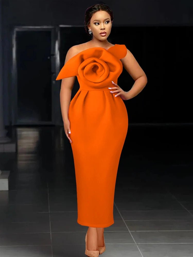 Elegant African Women’s Party Dress - Slim Bodycon One-Shoulder with Big Flower, Perfect for Events, Christmas, Birthdays, and Wedding Guests Tunics Practical easy-care