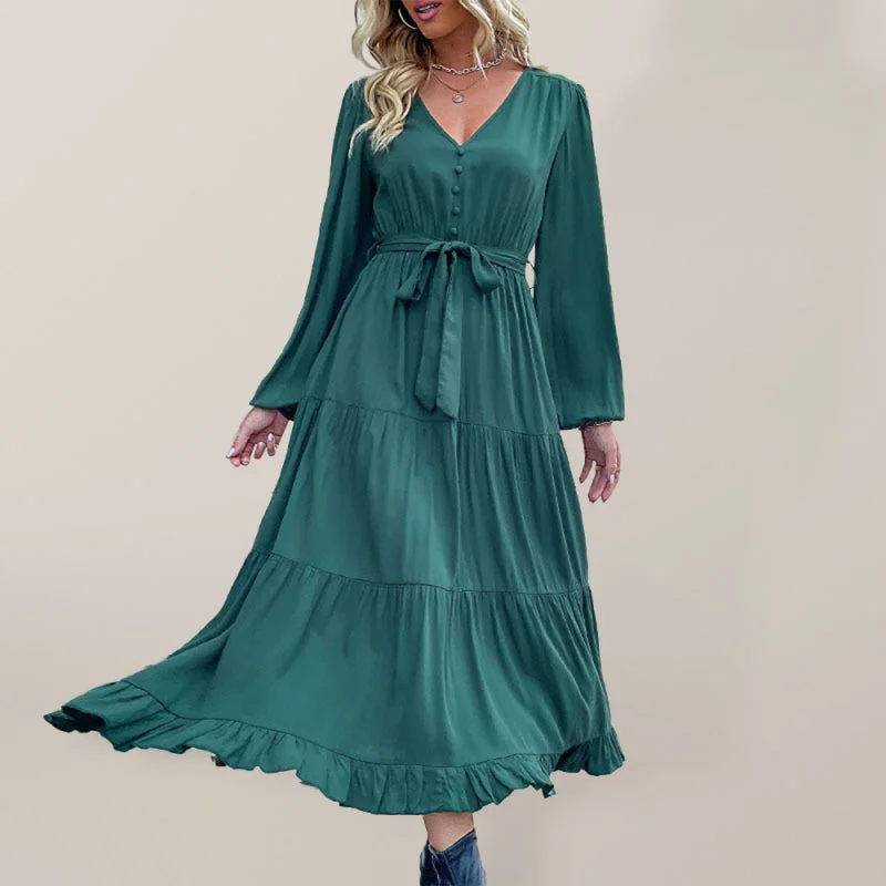 Women's Woven V-Neck Long-Sleeved Pleated Dress Tunics Custom made