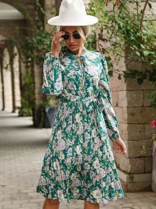 Women's Pleated Crew Neck Printed Long Sleeve Vintage Dress Tunics Business professional