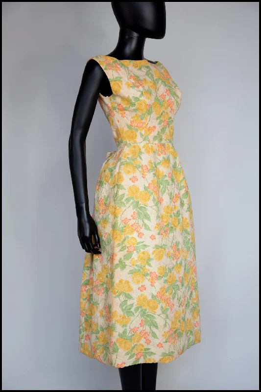 Vintage 1950s Pastel Floral Brocade Cotton Dress Tunics Short Trendy