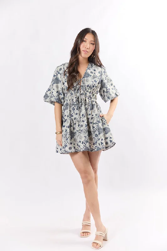 Build My Empire Navy Tie Front Floral Mini Dress Fashionable Pleated Mini Dress