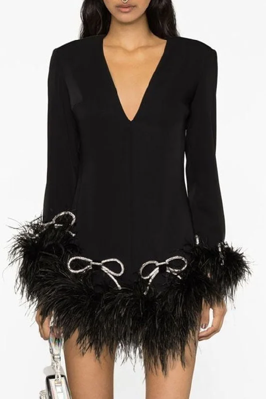 Sparkly Rhinestone Bow V Neck Fuzzy Feather Trim Mini Party Dress - Black empire Waist empire Sparkly Rhinestone Bow V Neck Fuzzy Feather Trim Mini Party Dress - Black empire Waist empire