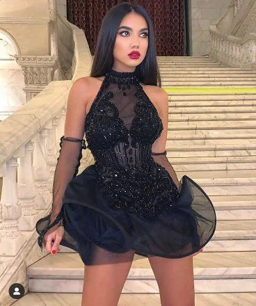 Black homecoming dress tulle short prom party dress Y4114 Turtleneck Neckline Stylish