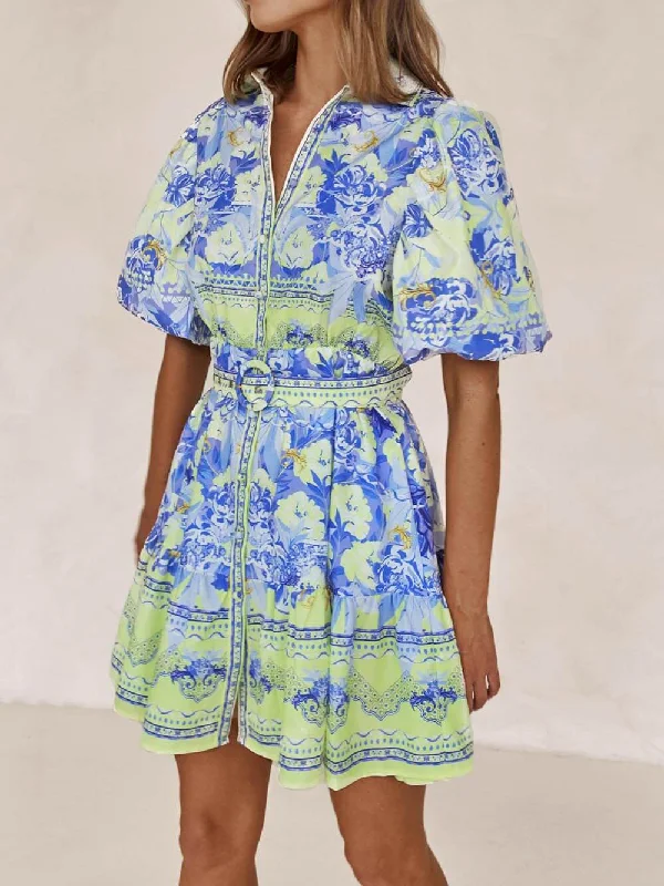 Blue And Yellow Charming Floral Print Mini Dress Fashionable Lace Mini Dress