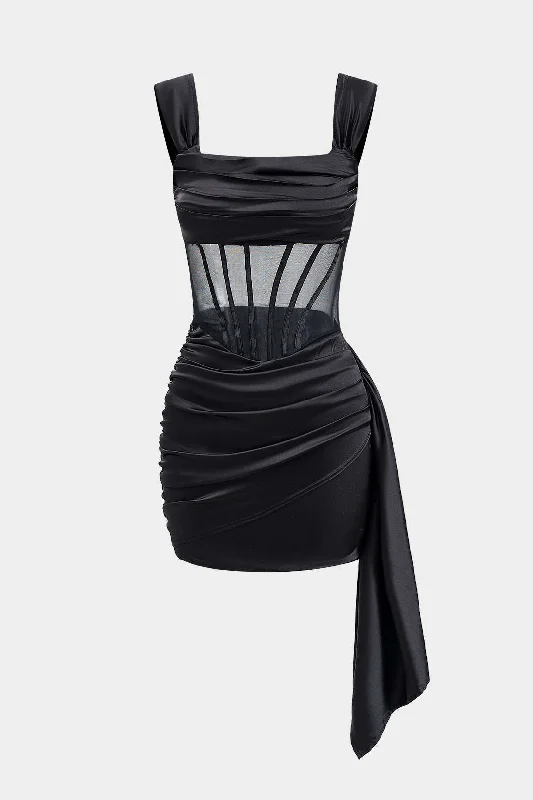 Satin Mesh Ruched Corset Mini Dress Comfortable Smocked Mini Dress