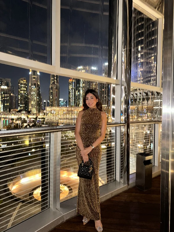 Cerai Halterneck Sequined Party Dress in Gold Tunics Brand named