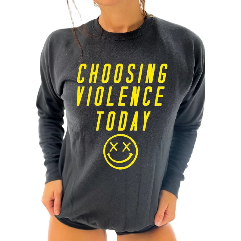 Salty Savage Unisex “CHOOSING VIOLENCE TODAY” Crewneck Sweatshirt | Yellow Hoodie with Raglan Sleeves Sporty Comfortable
