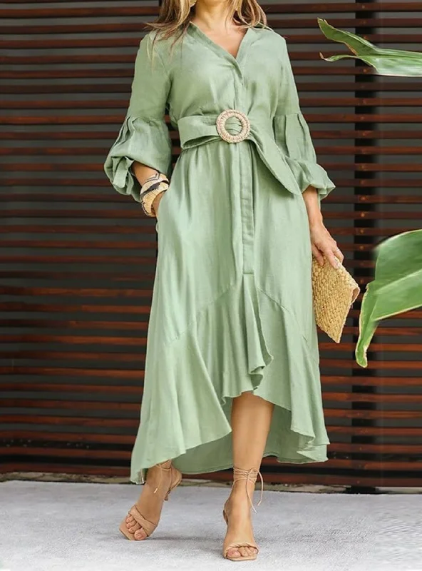 Fashion Casual V-neck Lapel Dress Square Neckline Feminine