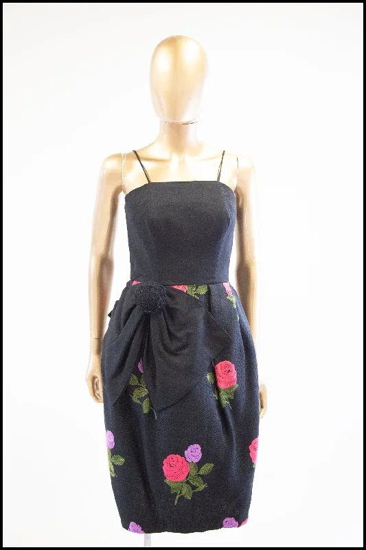 Vintage 1960s Black Embroidered Linen Glamourette Dress Tunics Polka dots