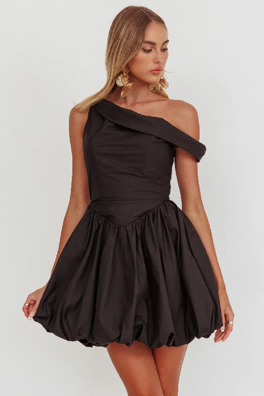 Celinda Asymmetric Neckline Balloon Mini Dress Black Cozy Knit Mini Dress