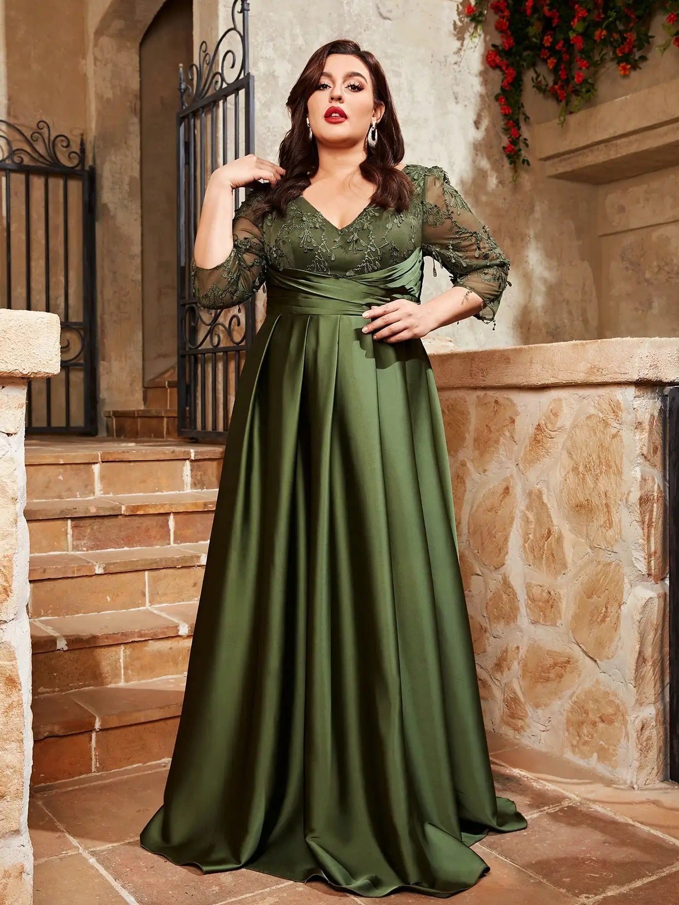 Sage Green Plus Size Satin Lace Embroidery Party Dress Tunics Recommended stylist