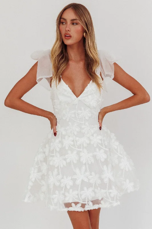 Mykonos Morning Tied Shoulder Mini Dress Embroidered Palm White Elegant Mini Dress with Pleats