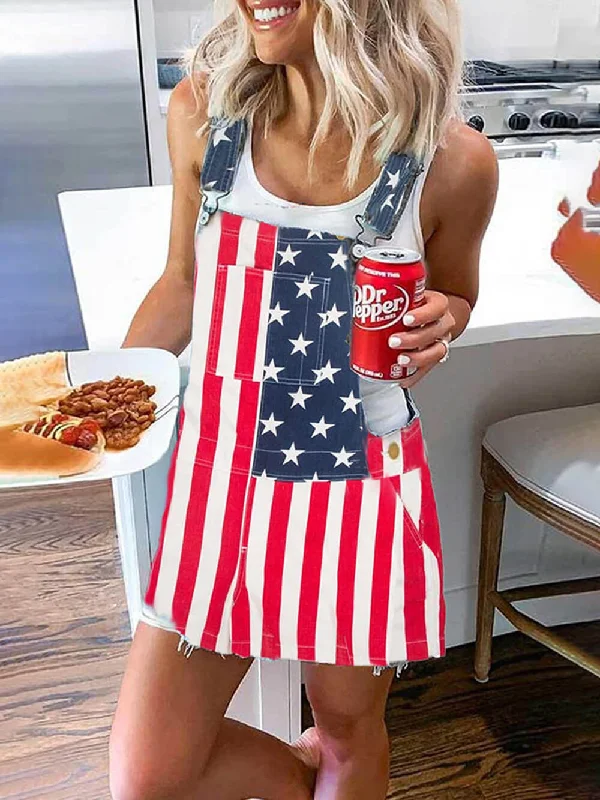 Independence Day Flag Print Graceful Pocket Strap Mini Dress Classic Casual Mini Dress
