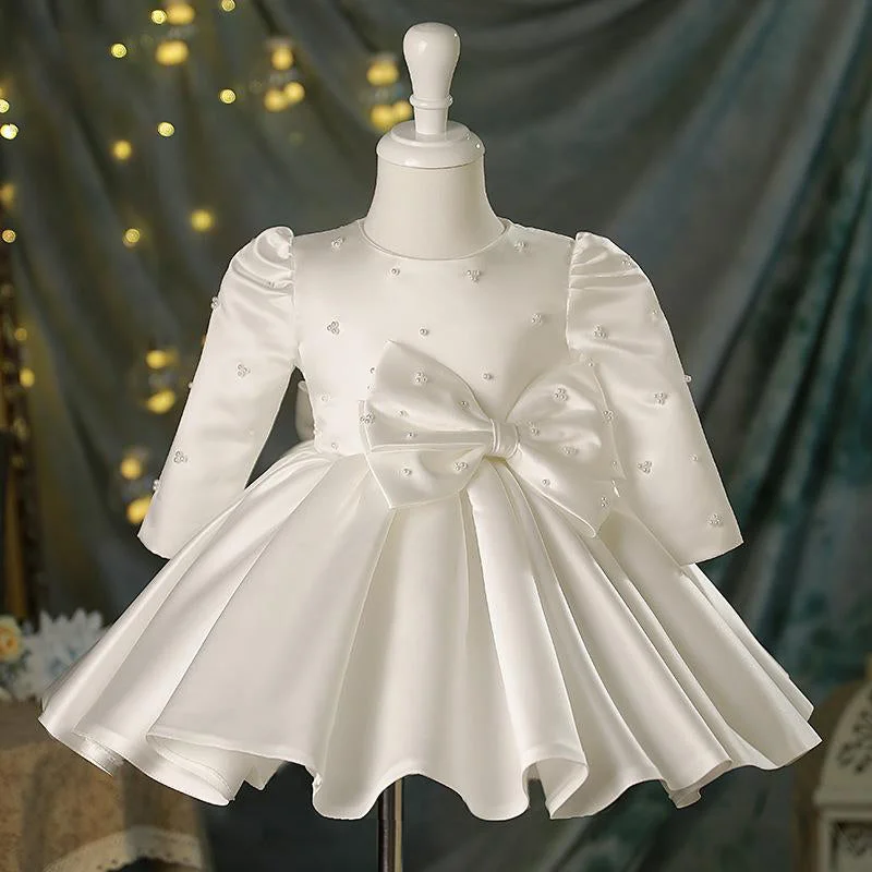 Baby Girl White Beaded Long Sleeve Bow Baptism Dress Tunics Recommended stylist