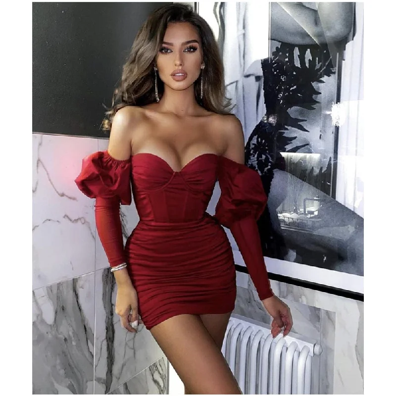 Long Sleeve Burgundy Mini Bandage Dress Elegant Evening Party Dress Tunics Chic fashionable