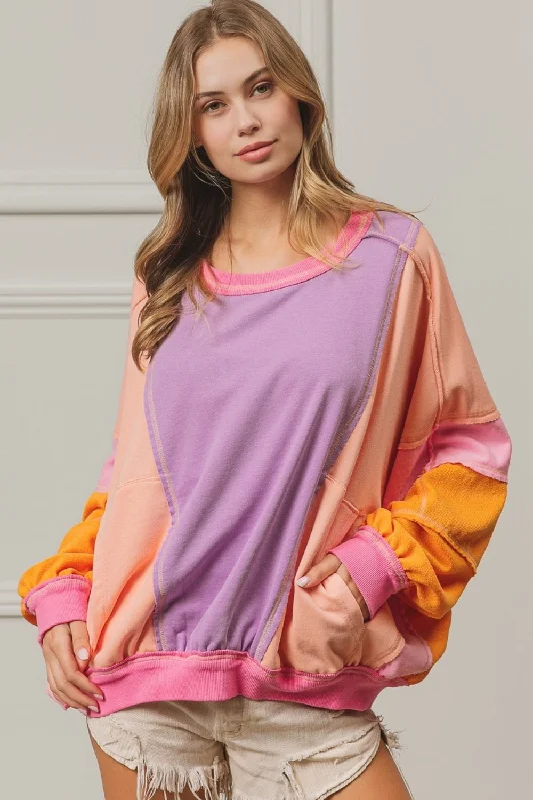 BiBi Color Block Exposed Seam Sweatshirt with Pockets Zip Hoodie Drawstring Kangaroo Pocket