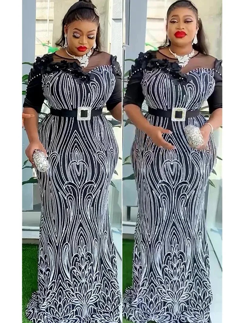 Elegant African Wedding Party Dresses for Women: Short Sleeve O-Neck Polyester Maxi Evening Gowns Crew Neckline Casual