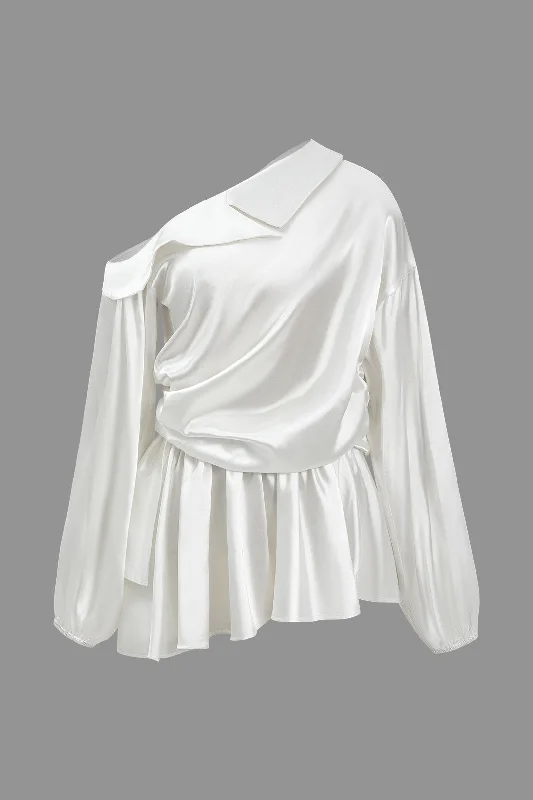 Satin Ruched Asymmetry Long Sleeve Mini Dress Elegant Vintage Mini Dress