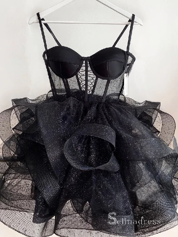 A-line  Sweetheart Cute Homecoming Dresses Black Short Prom Dress Mini Dress MLK05169 Elegant Lace-Up Mini Dress