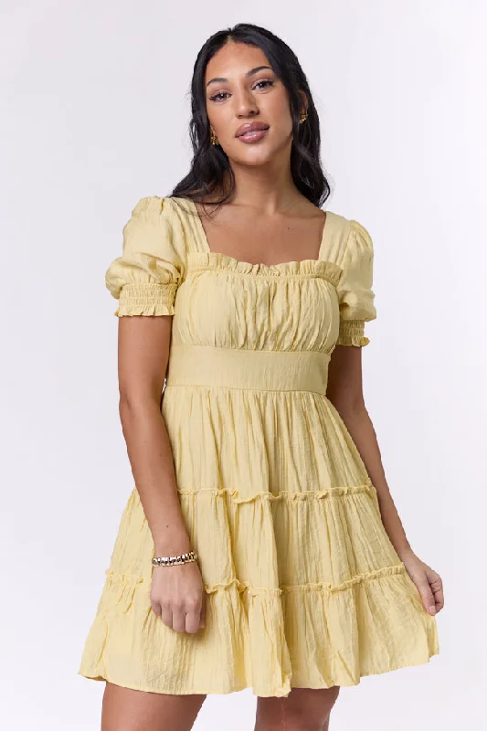 Easily Loved Yellow Babydoll Short Sleeve Mini Dress Elegant Lace Mini Dress