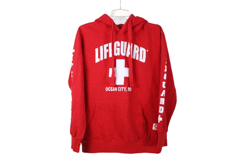 Lifeguard Red Hoodie | S Hoodie with Frayed Bohemian Relaxed