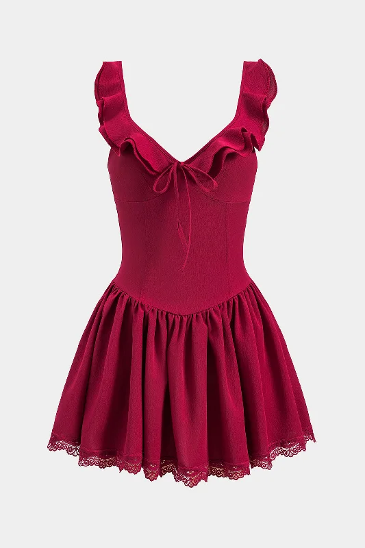 Ruched Tie Front Ruffle Bustier Mini Dress Cozy Cotton Mini Dress