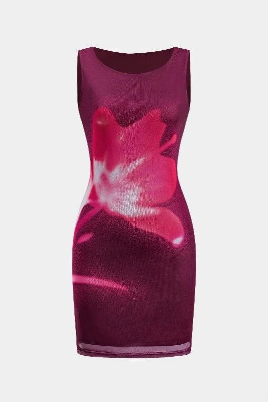 Floral Print Mesh Sleeveless Mini Dress Stylish Summer Mini Dress