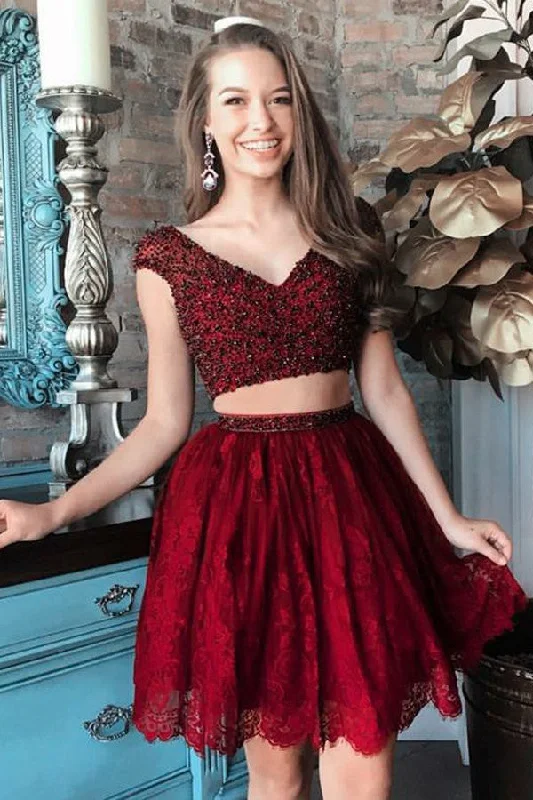 Two Pieces Burgundy Beaded Lace Homecoming Dress,Short Prom Dresses,2 Pieces Party Dresses OK510 Tunics Review highly