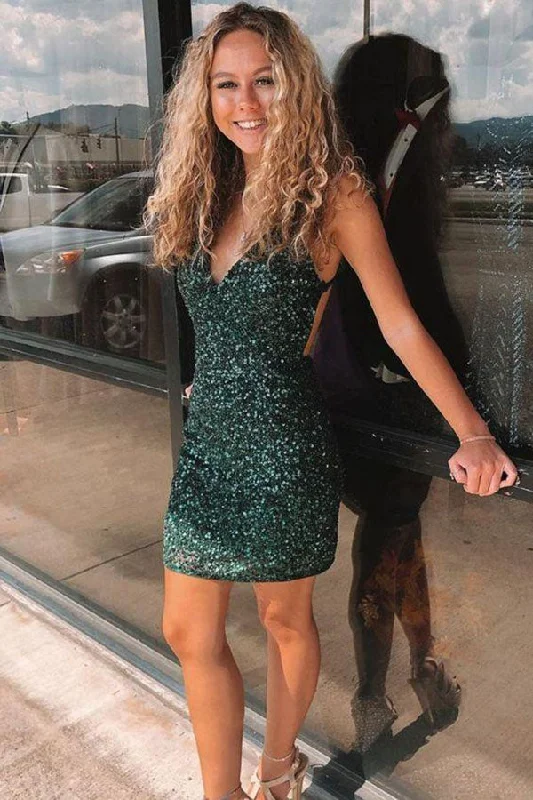 Tight Dark Green Sequins Mini Homecoming Dress Sexy Cocktail Party Dress OKZ20 Tunics Solid Classic