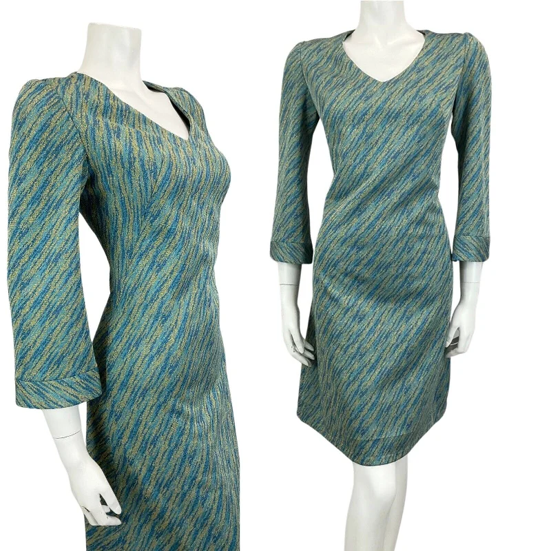 VINTAGE 60s 70s BLUE GOLD DISCO MOD MINI PARTY CHRISTMAS EVENING DRESS 10 12 Boat Neckline Classic VINTAGE 60s 70s BLUE GOLD DISCO MOD MINI PARTY CHRISTMAS EVENING DRESS 10 12 Boat Neckline Classic