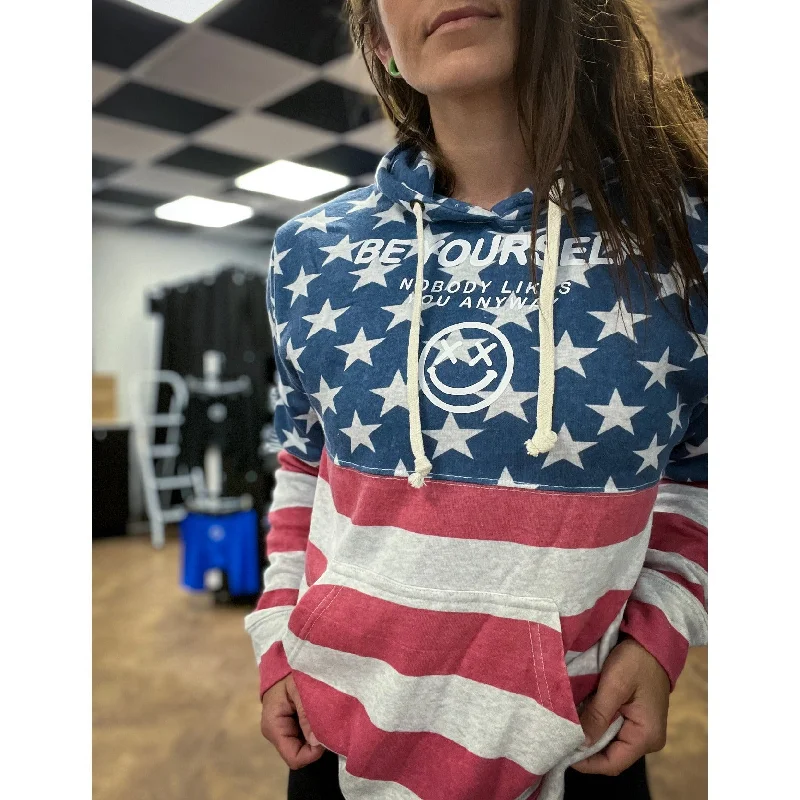 Salty Savage Unisex "BE YOURSELF, NOBODY LIKES YOU ANYWAY" Stars and Stripes Lounge Hoodie | American Flag Hoodie with Hem Frayed Vintage Worn