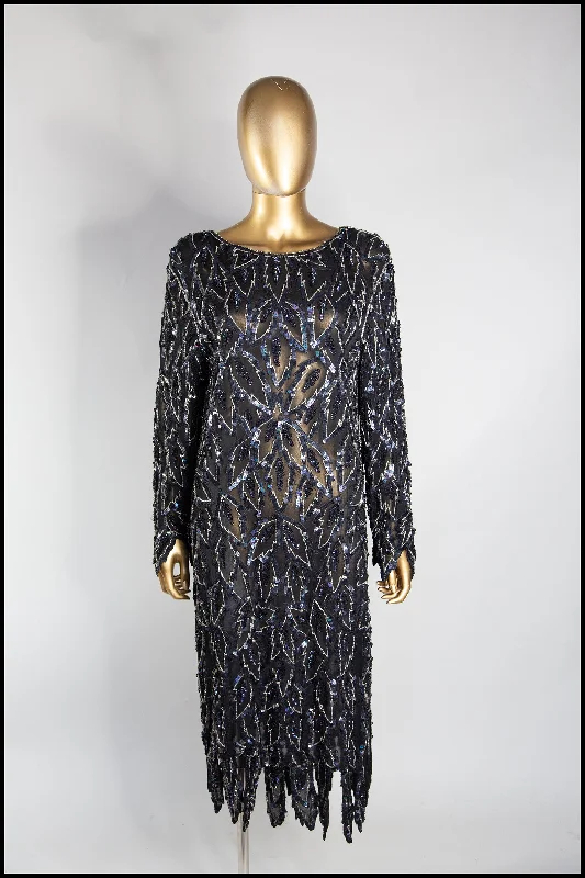 Vintage 1980s Black Beaded Silk Dress Tunics Evening elegant